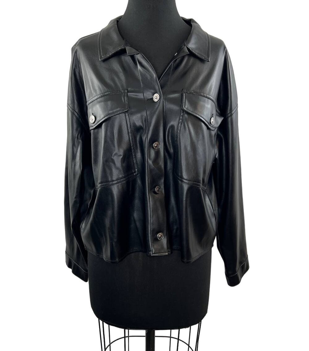 ZARA Black Faux Leather Button-Up Crop Jacket Relaxed Oversized Women's L